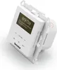 A white TechniSat DIGITRADIO UP 55 DAB+ / UKW Unterputzradio, shown from a diagonal angle, mounted in a wall socket. Produktbild-Vorschau