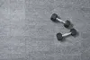 Two dumbbells are placed on a gray carpeted floor. Produktbild-Vorschau