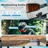 Collage of a motorcycle helmet with a communication device, a rider on a motorcycle with speech bubbles, and a group of motorcycles on a road. Produktbild-Vorschau