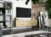A modern living room with a wall-mounted TV and media console, a shelving unit, and artwork. Produktbild-Vorschau