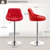 Two red bar stools are shown with dimensions and specifications overlaid. Produktbild-Vorschau
