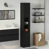 A bathroom scene with a black vanity, sink, mirror, tall cabinet, and shelves. Náhled obrázku produktu