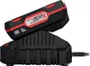A black battery charger with a black and red battery pack on top, against a white background. Produktbild-Vorschau