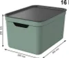 A green storage box with a gray lid, shown with dimensions indicated. Produktbild-Vorschau