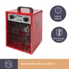 A red electric heater with control dials and a fan grille, shown with marketing icons and text. Produktbild-Vorschau