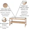 A shoe bench with two shelves and a padded seat, with callouts highlighting its features. Náhled obrázku produktu