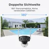 A security camera is shown in front of a panoramic view of a backyard with a swimming pool. Produktbild-Vorschau