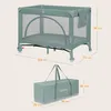 A travel crib and its carrying bag are shown with dimensions indicated. Náhľad obrázku produktu