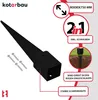 A black metal post anchor with a pointed end for ground insertion, shown with screws and informational graphics. Produktbild-Vorschau
