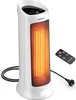 A white electric heater with an orange glowing heating element, shown with a remote control.