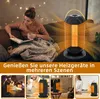 A woman is reading a book on a couch, with a space heater emitting warm air next to her. Below are smaller images showing the heater in different settings. Anteprima dell’immagine prodotto