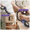 A collage showing a cordless vacuum cleaner being used in different scenarios, including cleaning pet hair and in a home environment. Produktbild-Vorschau