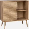 A wooden sideboard with a slatted sliding door and open shelving, shown against a white background. Anteprima dell’immagine prodotto