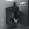 A dark gray bathroom vanity with an open cabinet, showing toiletries and plumbing. A black faucet is mounted on the sink. Text overlays indicate features and capacity. Produktbild-Vorschau