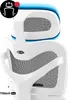 Close-up of the back of a white ergonomic office chair with black mesh detailing and blue accents on the headrest. Voir les images du produit