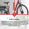 Close-up of an electric bicycle's front fork and seat post, with text overlays describing features. Produktbild-Vorschau