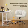 A white office chair is shown next to a desk, with arrows indicating it can be pushed under the desk. Produktbild-Vorschau