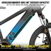 Close-up of an electric bicycle frame with battery and front wheel, featuring text overlays describing its features. Produktbild-Vorschau