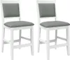 Two white bar stools with gray upholstered seats and backs are shown against a white background.