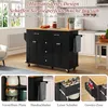 A black kitchen island with a wooden top is shown in a kitchen setting, with close-up insets highlighting features. Voir les images du produit