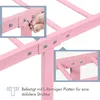 Close-up of a pink metal bed frame assembly, showing how L-shaped plates are used to connect the frame components. Produktbild-Vorschau