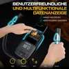 A person's hands interacting with a stationary bike's console and phone holder, with glowing blue accents highlighting features. Produktbild-Vorschau