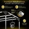 Close-up view of a metal frame with text and icons highlighting its features. Produktbild-Vorschau