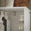 Close-up view inside a white cabinet, showing several bottles with pump dispensers. Voir les images du produit