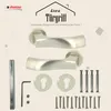 A product image showcasing a set of door handles and related hardware, with text overlays describing the product. Produktbild-Vorschau