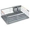 A gray metal dish rack with a tray and two utensil holders, featuring wooden handles on the sides. Produktbild-Vorschau