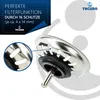 A close-up of a sink strainer with a magnified inset showing the slots, and marketing text. Produktbild-Vorschau