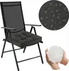 A dark gray outdoor chair cushion on a black folding chair, with close-up insets showing water droplets on fabric and fluffy filling. Produktbild-Vorschau