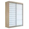 A modern sliding door wardrobe with a wood-effect frame and white doors with horizontal gray stripes. Produktbild-Vorschau