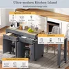 A kitchen island with storage units and a countertop, showcasing different storage options and items. Voir les images du produit