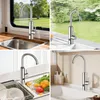 A collage of four images showing a kitchen faucet in different settings, including an RV, a modern kitchen, and a sink with dishes and vegetables. Podgląd zdjęcia produktu