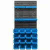 A wall-mounted storage system with multiple blue bins. Produktbild-Vorschau