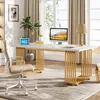 A modern home office setup with a white and gold desk, computer, lamp, and chair. Anteprima dell’immagine prodotto