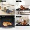 Collage of four images showing a dog bed in different settings: in a dog crate, on a sofa, in a car trunk, and on the floor. Produktbild-Vorschau