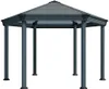 A gray hexagonal gazebo with a transparent roof, shown from a front-facing angle on a white background. Náhled obrázku produktu