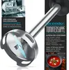 A close-up image of a silver immersion blender with a recipe for tomato soup overlaid as text. A small inset image shows a dishwasher. Produktbild-Vorschau