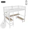 A diagram of a white metal bunk bed with a desk and shelves, showing various dimensions in centimeters. Voir les images du produit