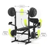 A black multifunctional weight bench with a barbell and weight plates, with various dimensions and features highlighted by yellow arrows and text. Produktbild-Vorschau
