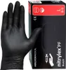 A black nitrile glove is shown next to a box of the same gloves. Produktbild-Vorschau