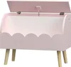 A pink toy chest with a lid open, resting on four wooden legs. Náhled obrázku produktu