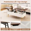 A lift-top coffee table is shown in a living room setting, with close-up shots highlighting its features. Podgląd zdjęcia produktu