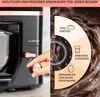 A split image showing a close-up of a black kitchen mixer with rose gold accents on the left, and a diagram illustrating its functions on the right, overlaid on a background of chocolate batter. Produktbild-Vorschau