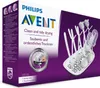 The image shows the retail packaging of a Philips AVENT bottle drying rack. The packaging is predominantly white and purple, with the product itself visible on the right side. Produktbild-Vorschau