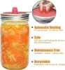 A jar filled with fermented vegetables, with a red silicone lid, and marketing text describing its features. Produktbild-Vorschau