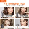 A collage of four images showcasing a hair dryer styler with different attachments and the hairstyles they can create. Produktbild-Vorschau