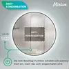 A round mirror with LED lighting, displaying a bathroom interior and featuring text overlays about its anti-condensation function. Produktbild-Vorschau